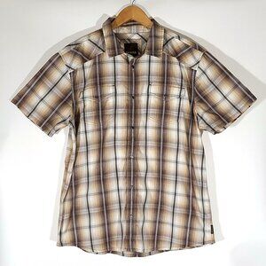 prAna Men's Brown Beige White Snap Front Short Sleeve Casual Shirt Size L